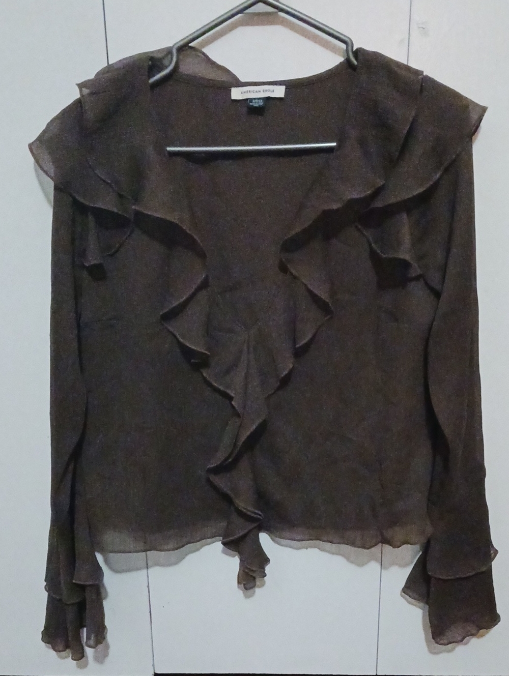 American Eagle Outfitters Brown Ruffled Sheer Top